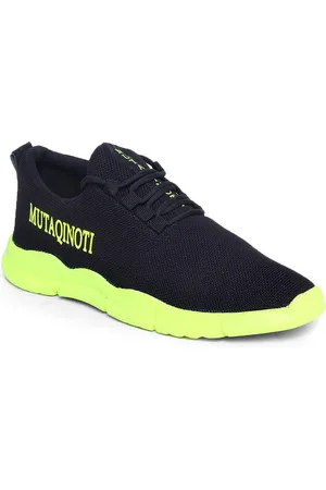 MUTAQINOTI Men Black & Fluorescent Green Woven Design Sneakers