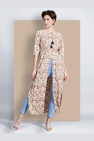 Chemistry Women Floral Tie-Up Tassel Detailing Front Slit Maxi Work wear Top
