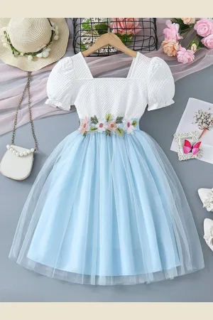 Miss & Chief Embellished Puff Sleeve Net A-Line Dress