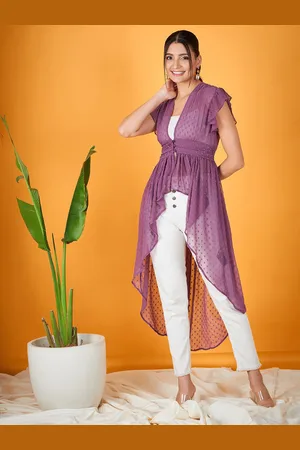 KASSUALLY Women Purple Self Design Button High-Low Shrug