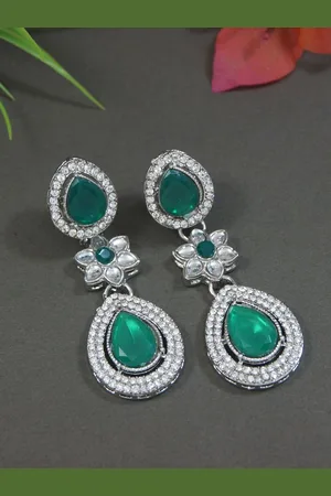 I Jewels Silver-Plated Artificial Stones Studded Teardrop Shaped Drop Earrings