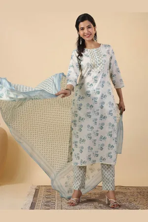Janasya Ethnic Motifs Printed Straight Pure Cotton Kurta with Trousers & Dupatta