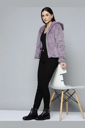 Chemistry Women Lavender Solid Fur Hooded Jacket