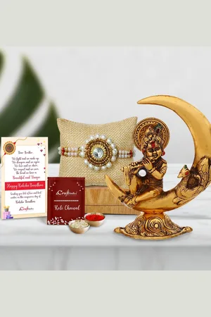 eCraftIndia Gold-Toned & White Lord Krishna Idol Pearl Beaded Rakhi Gift Set