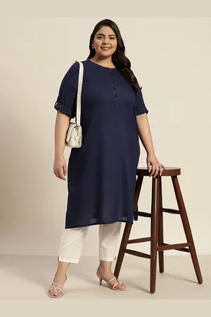 Sztori Women Plus Size Navy Blue Woven Design Sequinned Kurta