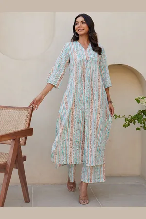 HERE&NOW White Geometric Printed Pure Cotton A-Line Kurta With Palazzos