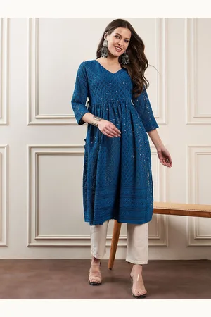 House of Pataudi Floral Embroidered Sequnnied Mandarin Collar Georgette A-Line Kurtas