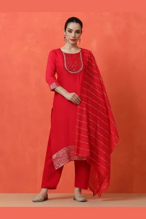 Jaipur Floral Embroidered Sequinned Straight Kurta With Trousers And Dupatta