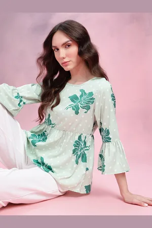 DressBerry Floral Print Gathered Detail Bell Sleeves Peplum Top
