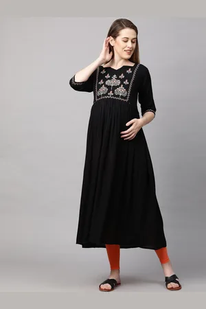 MomToBe Women Black Floral Yoke Design Thread Work Maternity Nursing Anarkali Sustainable Kurta