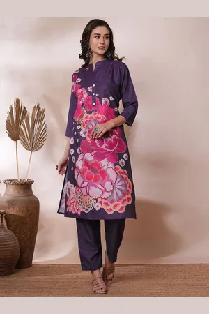 Kalini Floral Printed Mandarin Collar Pure Cotton Straight Kurta with Trousers