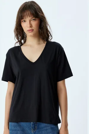 Koton Women Solid V-Neck Cotton Relaxed Fit T-shirt