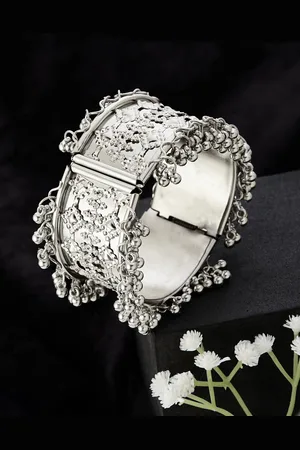 ATIBELLE German Silver Plated Floral Textured Geometric Shaped Bangle