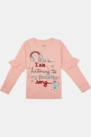 V-Mart Girls Typography Long Sleeve Ruffle Detail Cotton T-shirt