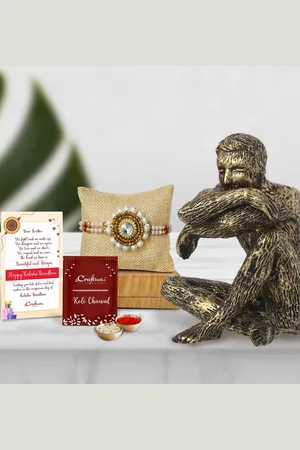 eCraftIndia Gold-Toned & White Rakhi Gift Set