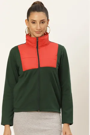 Belle Women Teal Green & Red Colourblocked Fleece Lightweight Tailored Jacket