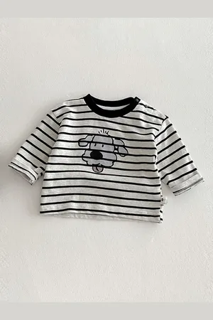 LULU & SKY Boys Striped Monochrome Pure Cotton Applique T-shirt