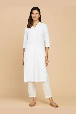 Fabindia Mandarin Collar Floral Embroidered Chikankari Pure Cotton Kurta