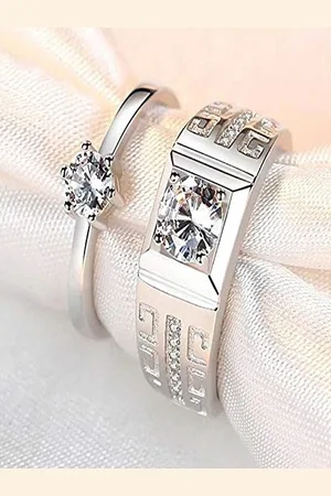 DIVASTRI Silver-Plated American Diamond-Studded Couple Rings