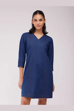 FableStreet Women V-Neck Denim Shirt Dress
