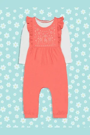 Mothercare Girls Pink Cotton Embroidered Cotton Dungarees with T-shirt