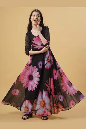 Kedar Fab Girls Floral Printed Georgette Maxi Dress