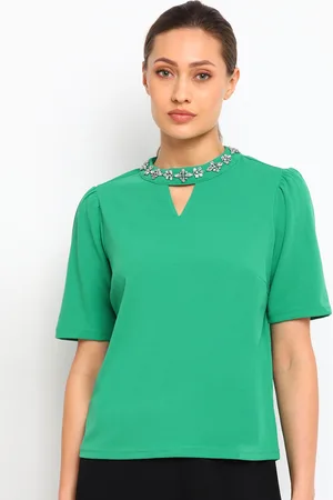 COVER STORY Women Green Solid Keyhole Neck Studded Top