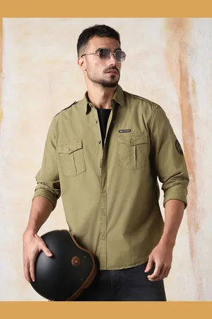 High Star Men Regular Fit Utility Heavy Washed Spread Collar Solid Cotton Casual Shirt