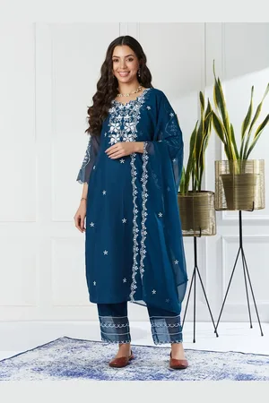 Colors  of Earth Floral Embroidered Round Neck Straight Kurta With Trousers And Dupatta