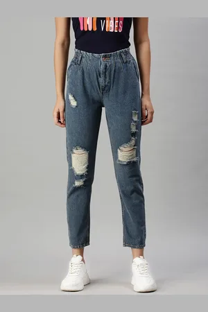 SHOWOFF Women Blue High-Rise Highly Distressed Elasticated Cotton Jeans