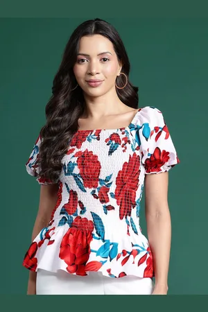 Deewa Women Floral Printed Fitted Top Detail Smocking