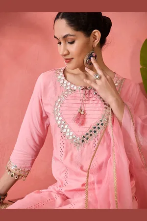 Sangria Floral Yoke Design Tie-Up Neck Pure Cotton Straight Kurta With Trouser And Dupatta