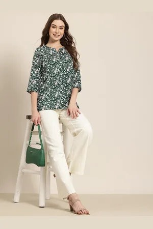 HERE&NOW Floral Printed Notched Round Neck Straight Kurti