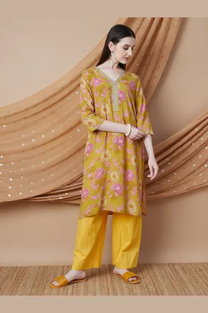 Lifestyle Floral Printed Sequinned Work V-Neck Straight Kurta