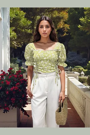 Stylecast Floral Printed Crop Top with Lace Up Detail