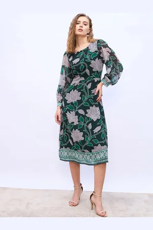 Styli Floral Print Puff Sleeve A-Line Midi Dress