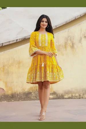 Juniper Ethnic Motifs Print Bell Sleeve Liva Fit & Flare Dress