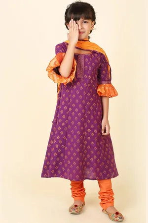 Fabindia Girls Floral Printed Pure Cotton Kurta with Churidar & With Dupatta