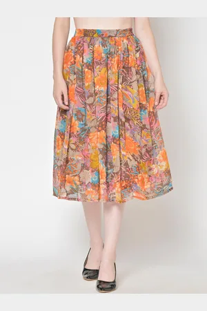 Cation Women Brown & Orange Printed Flared Midi Skirt
