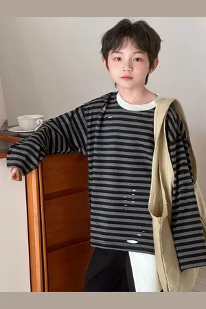 LULU & SKY Kids Striped Mandarin Collar Pockets T-shirt