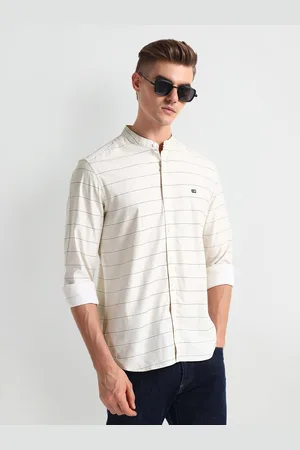 Arrow Striped Mandarin Collar Cotton Slim Fit Casual Shirt