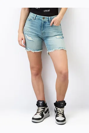 SPYKAR Women Cotton Washed Mid-Rise Distressed Denim Shorts