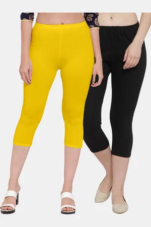 Jinfo Women Pack Of 2 Black & Yellow Cotton Lycra Capris