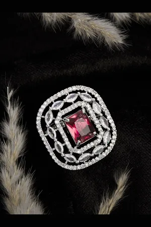 ATIBELLE Silver-Plated Cubic Zirconia-Stones Studded Square Adjustable Finger Ring