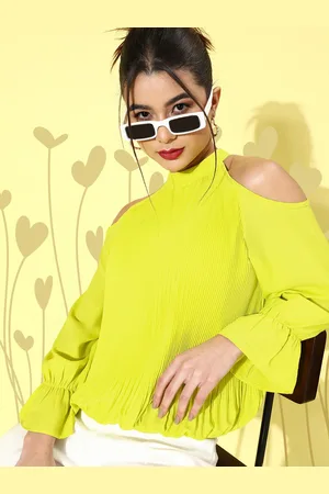 KASSUALLY Women Attractive Lime Green Solid Accordion Pleated Top
