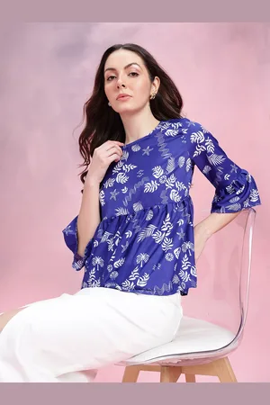 DressBerry Tropical Print Gathered Detail Bell Sleeves Peplum Top