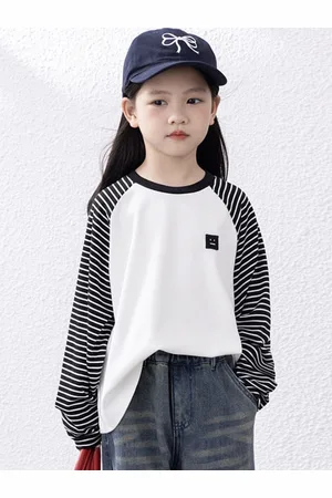 LULU & SKY Girls Striped High Neck Drop-Shoulder Sleeves Applique T-shirt