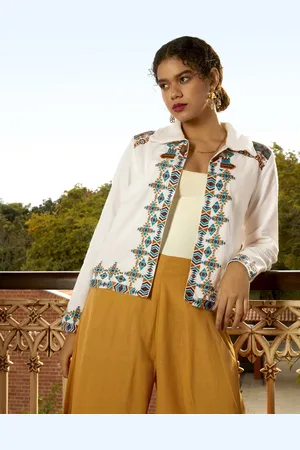 Sangria Women Geometric Embroidered Open Front Ethnic Jacket