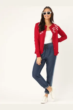 DressBerry Women Red & Pink Floral Embroidered Solid Cardigan
