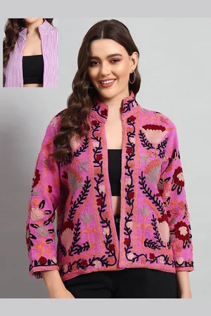 HANDICRAFT PALACE Women Floral Embroidered Cotton Ethnic Open Front Reversible Jacket